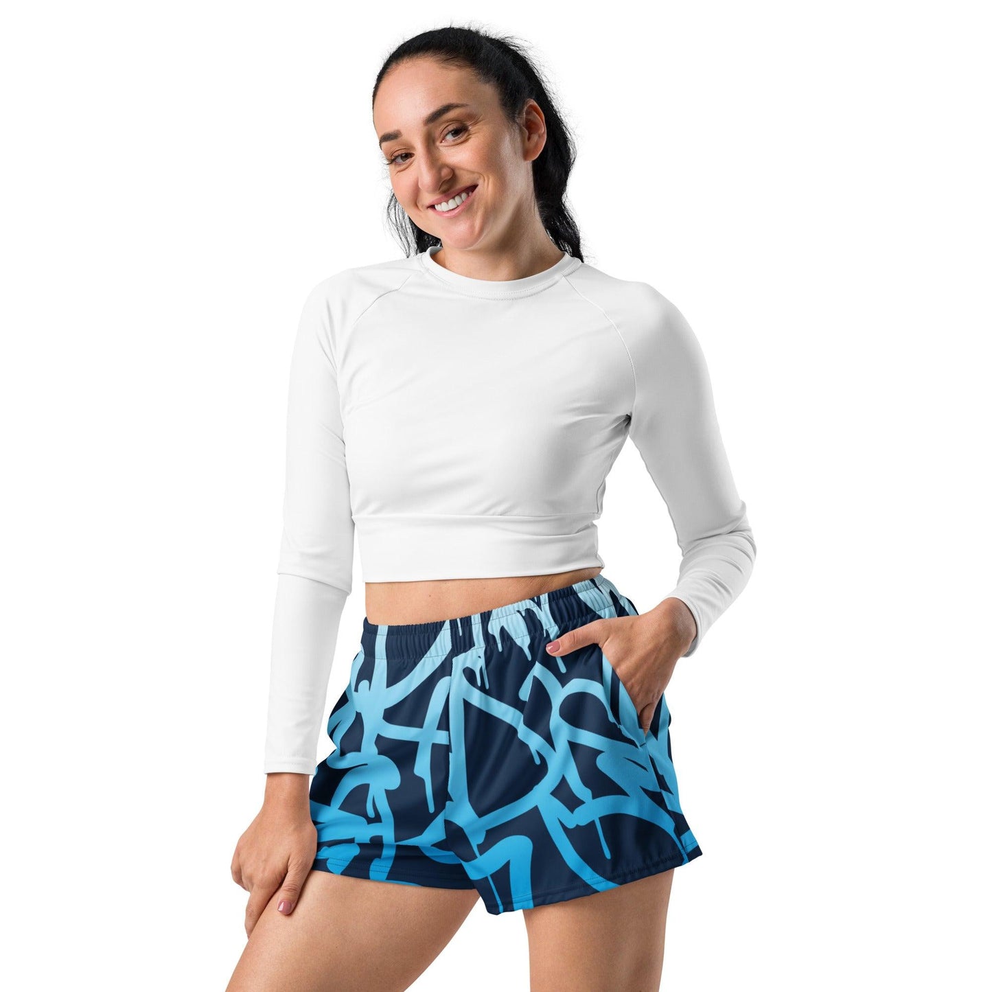 Graffiti Blue Dark Women’s Recycled Athletic Shorts - Mo'Bays Backyard