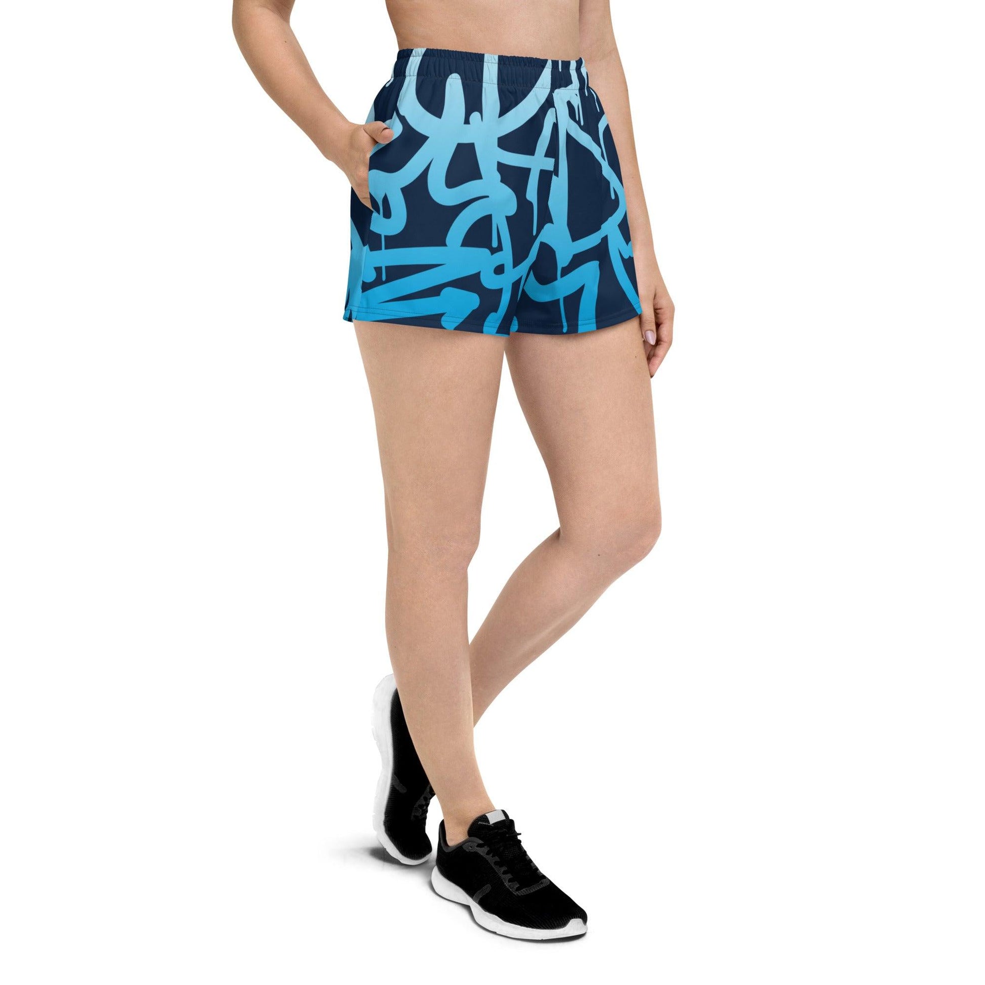 Graffiti Blue Dark Women’s Recycled Athletic Shorts - Mo'Bays Backyard