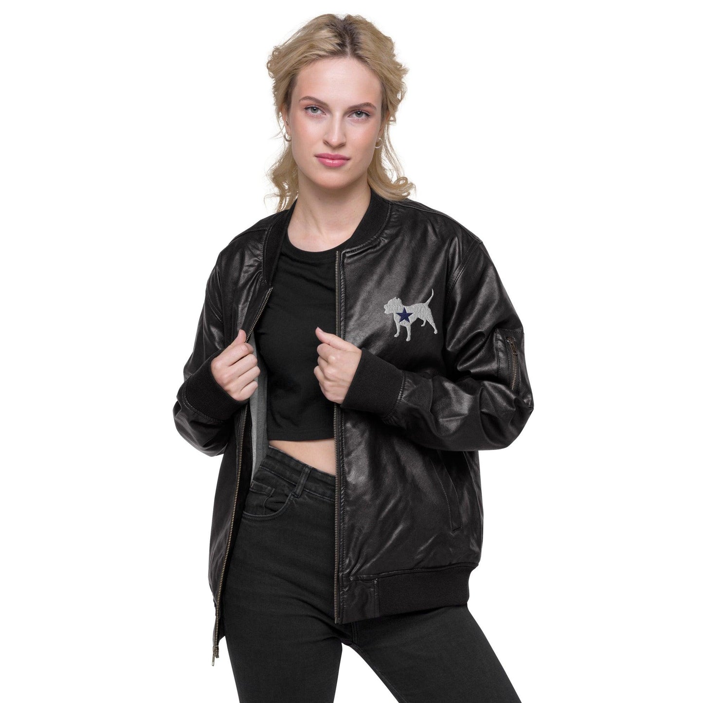 Wordmark Leather Bomber Jacket - Mo'Bays Backyard